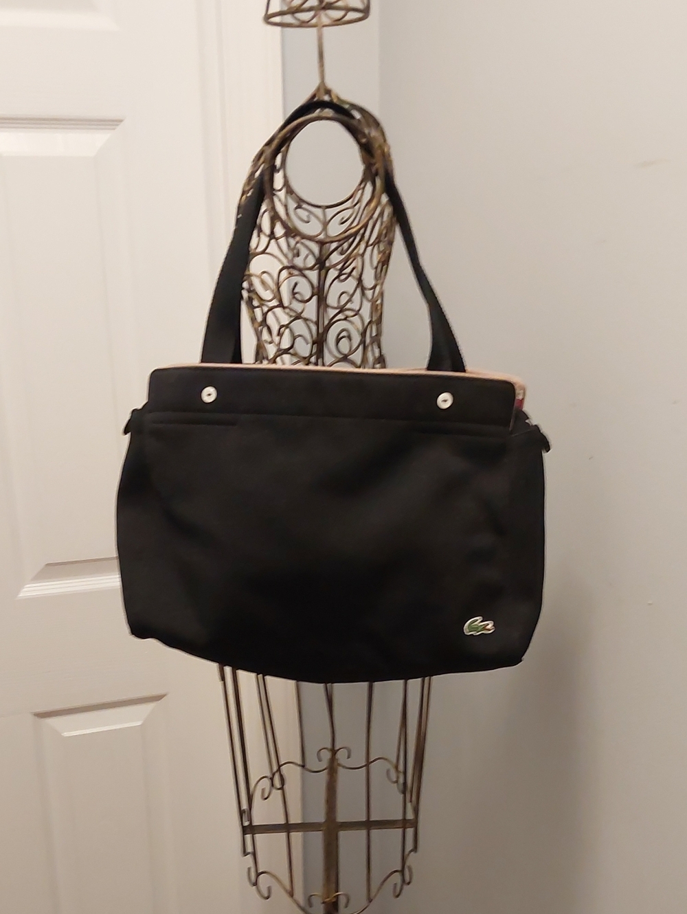 Lacoste Black Canvas Tote with Subtle Green Croc Logo